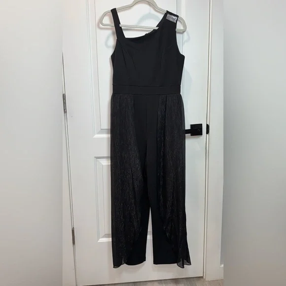 Alexa B Nites Black 1 Shoulder Jumpsuit Sz6 Beaded Strap Sheer Metallic Overlay - Picture 2 of 12